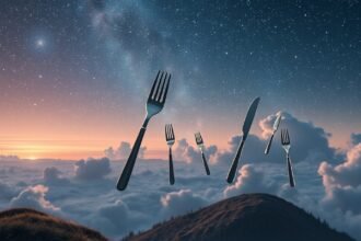 Posate di acciaio fluttuanti in un cielo stellato sulla cucina.