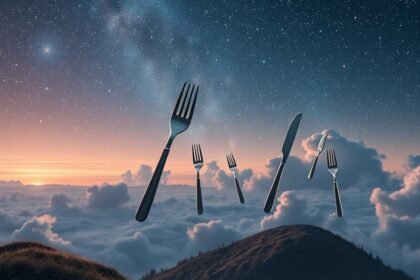 Posate di acciaio fluttuanti in un cielo stellato sulla cucina.