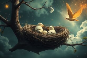 Due uccelli in un nido sotto un cielo stellato con una luna