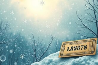 Neve che scende su un biglietto del Lotto in un paesaggio invernale