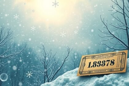 Neve che scende su un biglietto del Lotto in un paesaggio invernale