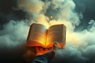 Una mano che tiene un libro aperto tra fumi misteriosi.