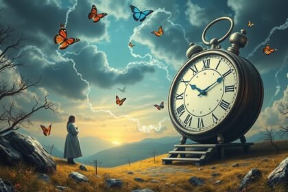 Orologio gigantesco con farfalle in un paesaggio onirico