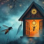 Vespe volanti vicino a una casetta illuminata nel buio.