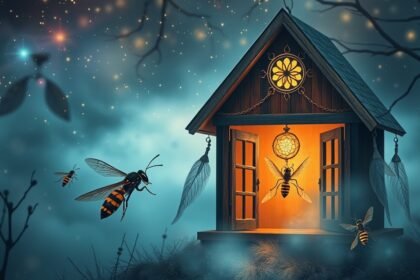 Vespe volanti vicino a una casetta illuminata nel buio.