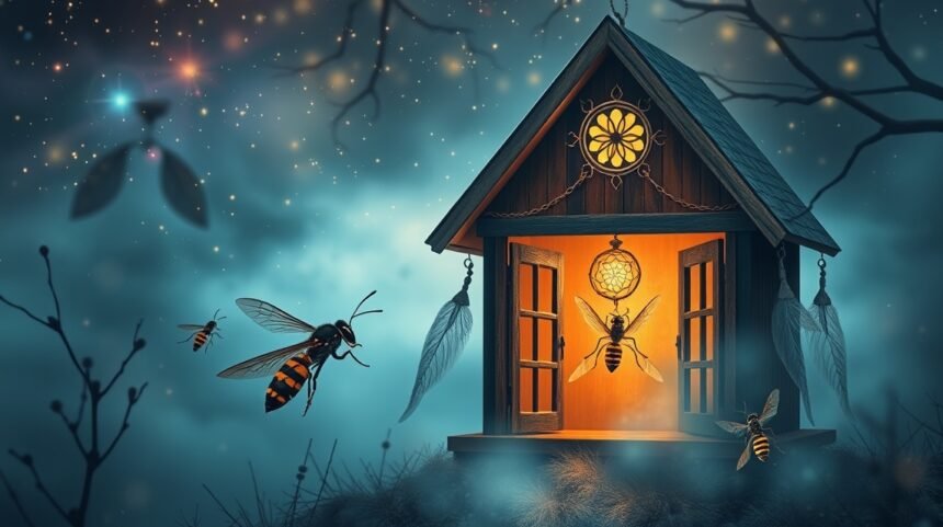 Vespe volanti vicino a una casetta illuminata nel buio.