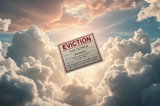 Cartello di sfratto sospeso tra le nuvole, simbolo di ansia e incertezze