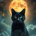 Gatto nero sotto la luna con simboli e numeri magici