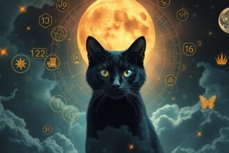Gatto nero sotto la luna con simboli e numeri magici