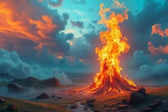 Eruzione vulcanica con fuoco e nuvole colorate nel cielo
