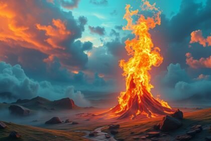 Eruzione vulcanica con fuoco e nuvole colorate nel cielo