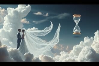 Coppia innamorata tra le nuvole con una clessidra simbolica.