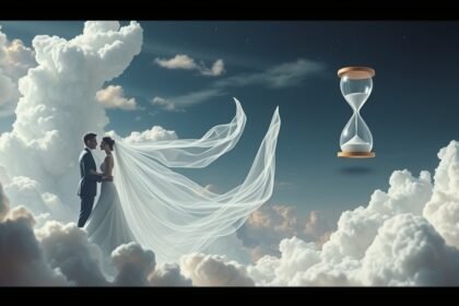 Coppia innamorata tra le nuvole con una clessidra simbolica.