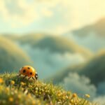 Coccinella gialla su un prato verde in un paesaggio sereno