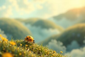 Coccinella gialla su un prato verde in un paesaggio sereno