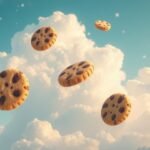 Biscotti fluttuanti nel cielo, simboli di dolcezza e sogni.