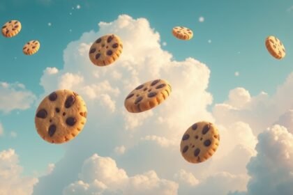 Biscotti fluttuanti nel cielo, simboli di dolcezza e sogni.
