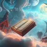 Immagine evocativa di un libro fluttuante tra nuvole e mondi fantastici.