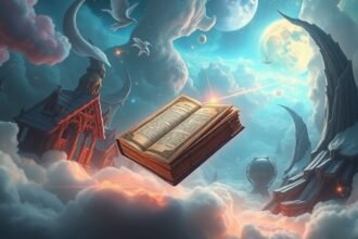 Immagine evocativa di un libro fluttuante tra nuvole e mondi fantastici.
