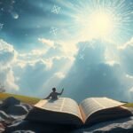 Un uomo interagisce con simboli astrali e numeri nel cielo, ispirato dalla numerologia angelica.