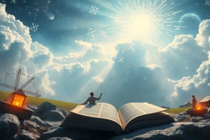 Un uomo interagisce con simboli astrali e numeri nel cielo, ispirato dalla numerologia angelica.