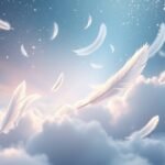 Piume bianche che fluttuano tra le nuvole in un cielo sereno