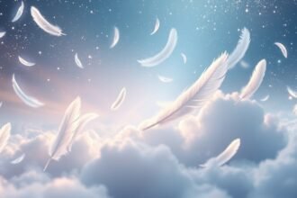 Piume bianche che fluttuano tra le nuvole in un cielo sereno