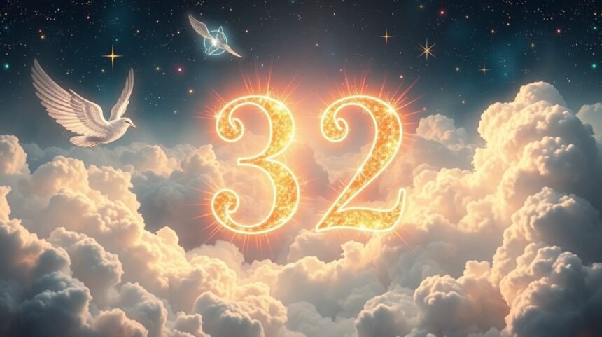 Numero angelico 32 tra nuvole e luce stellare
