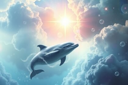 Delfino che nuota tra le nuvole in un cielo sereno e luminoso