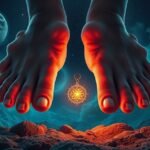Due piedi con sei dita illuminati da una luce mistica