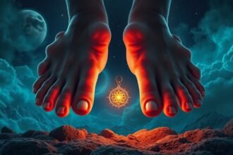 Due piedi con sei dita illuminati da una luce mistica