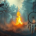 Sogno di fuoco e un cattura sogni in un bosco nebbioso