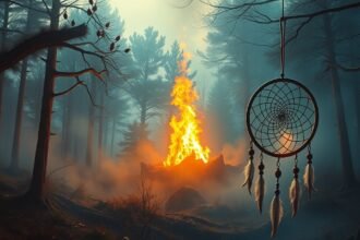 Sogno di fuoco e un cattura sogni in un bosco nebbioso