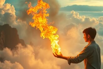 Giovane che controlla il fuoco, simbolo di emozioni e equilibrio