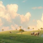 Paesaggio sereno con mucche e nuvole nel cielo blu