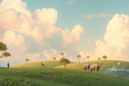 Paesaggio sereno con mucche e nuvole nel cielo blu