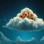 Una pizza galleggiante tra le nuvole in un cielo stellato