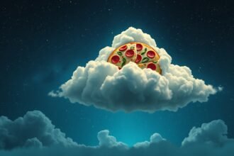Una pizza galleggiante tra le nuvole in un cielo stellato