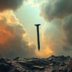 Chiodo sospeso in un cielo drammatico simbolizza vulnerabilità e perdita di protezione.