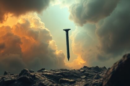Chiodo sospeso in un cielo drammatico simbolizza vulnerabilità e perdita di protezione.