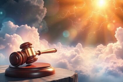 Martello del giudice su un piano con nuvole e luce del sole