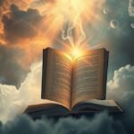 Libro aperto tra le nuvole con raggi di luce e simbolismo onirico.