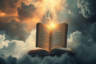 Libro aperto tra le nuvole con raggi di luce e simbolismo onirico.