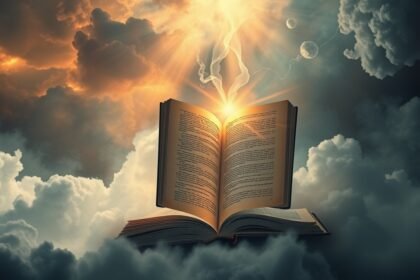 Libro aperto tra le nuvole con raggi di luce e simbolismo onirico.