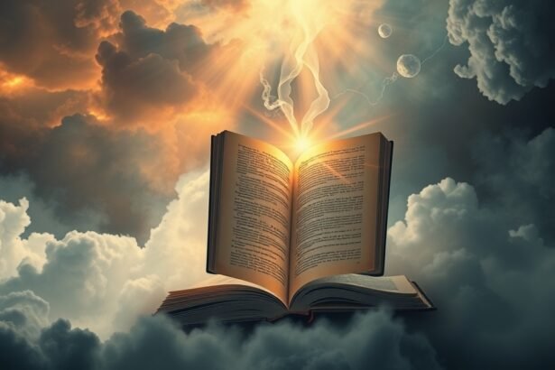 Libro aperto tra le nuvole con raggi di luce e simbolismo onirico.
