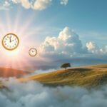 Paesaggio onirico con orologi sospesi tra nuvole e sole