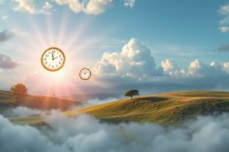 Paesaggio onirico con orologi sospesi tra nuvole e sole