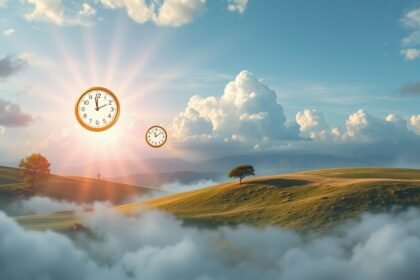 Paesaggio onirico con orologi sospesi tra nuvole e sole