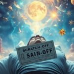 Una persona sogna di vincere al gratta e vinci, circondata da elementi onirici.