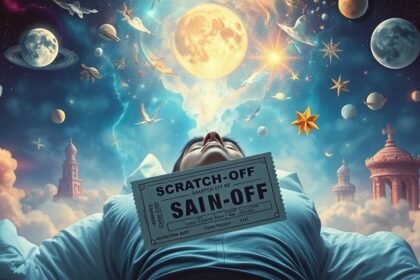 Una persona sogna di vincere al gratta e vinci, circondata da elementi onirici.